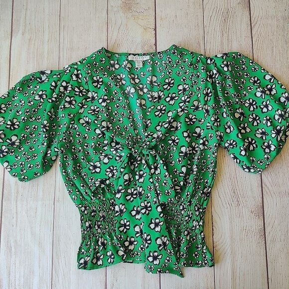 Topshop Green Tie Neck Short Sleeve Floral Top sz 2 - Picture 8 of 12